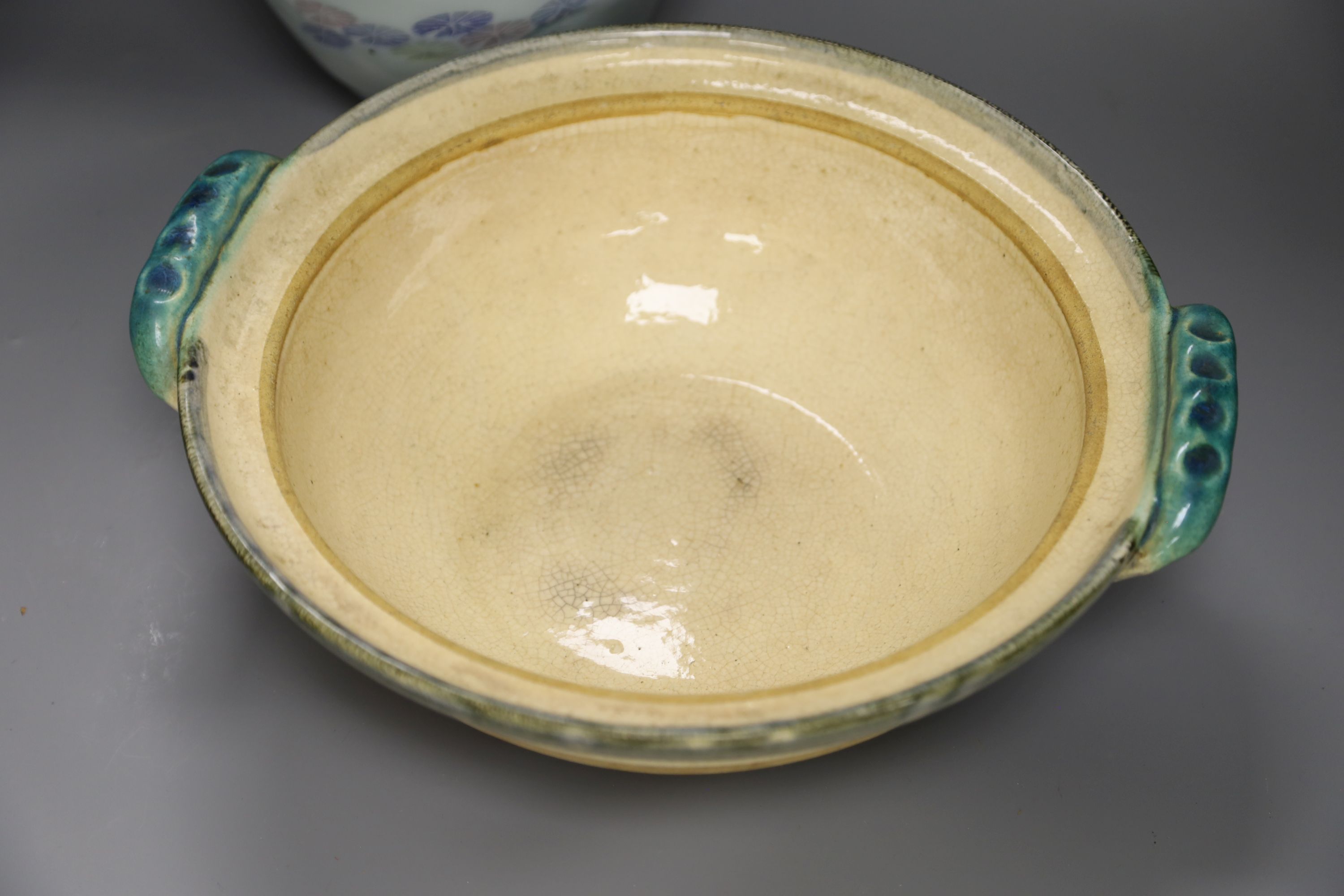 A Japanese pottery vase, height 37cm, and a bowl and cover